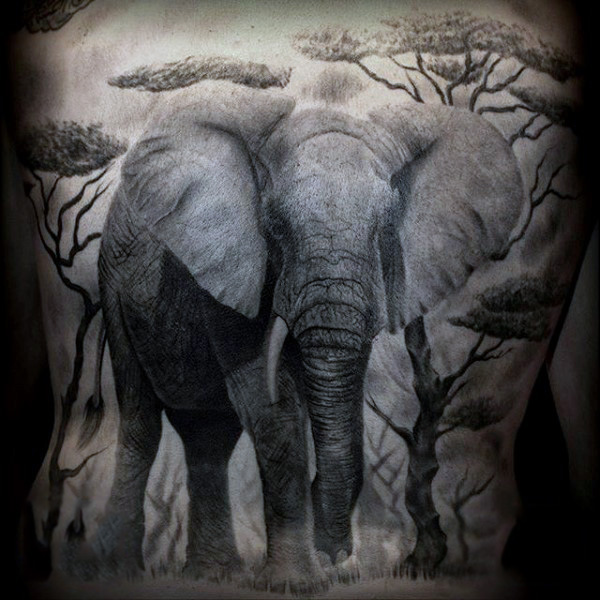 Black And Grey Elephant With Trees Tattoo Design For Full Back
