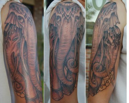 Black And Grey Elephants Tattoo On Right Half Sleeve By Chris Krapohl