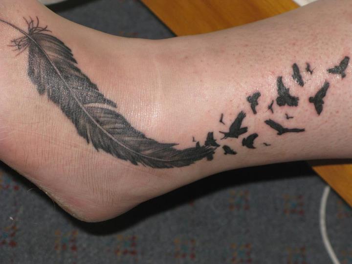 Black And Grey Feather With Flying Birds Tattoo On Ankle