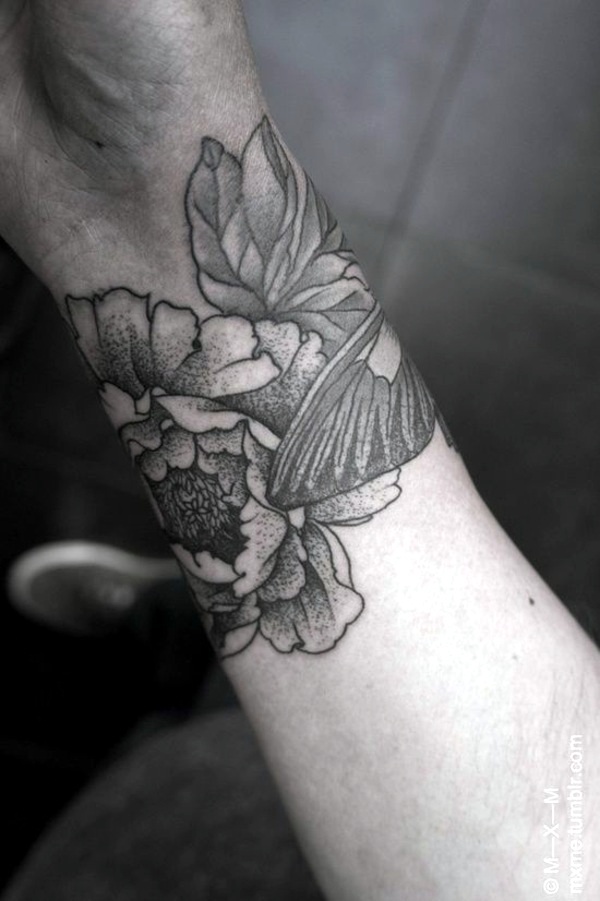 Black And Grey Flower Tattoo On Right Wrist