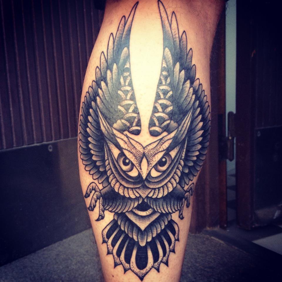 Black And Grey Flying Owl Tattoo On Side Leg
