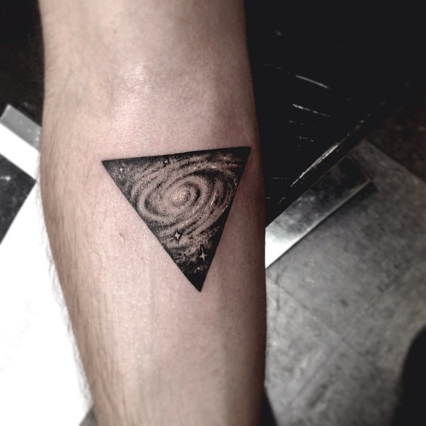 Black And Grey Galaxy In Triangle Tattoo Design For Forearm By Dr. Woo