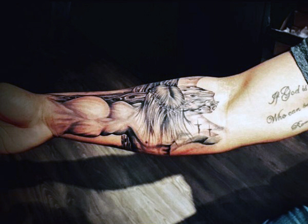 Black And Grey Ink Jesus Wrist Tattoo For Men
