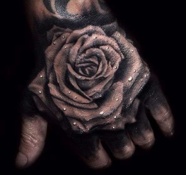 Black And Grey Ink Rose Tattoo On Left Hand