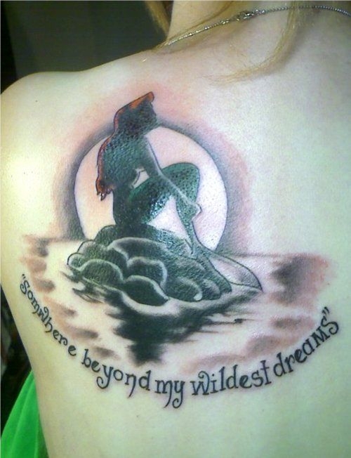Black And Grey Little Mermaid Tattoo On Left Back Shoulder