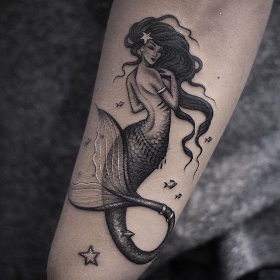 Black And Grey Mermaid Tattoo On Sleeve