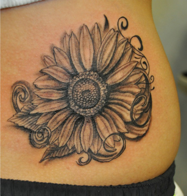 Black And Grey Realistic Sunflower Tattoo On Waist