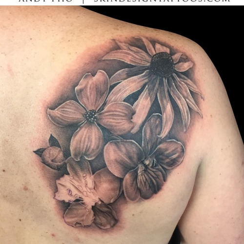 Black And Grey Rhododendron Flowers Tattoo On Right Back Shoulder