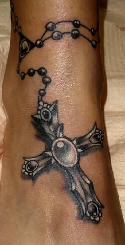 Black And Grey Rosary Cross Bracelet Tattoo On Ankle