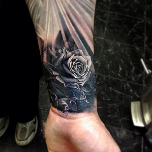 Black And Grey Rose Flower Tattoo On Wrist For Men