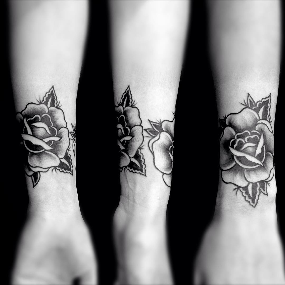 Black And Grey Rose Flowers Wrist Tattoo For Girls
