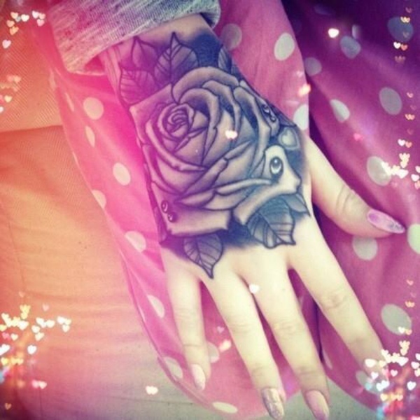 Black And Grey Rose Hand Tattoo For Women