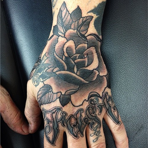 Black And Grey Rose Tattoo On Left Hand For Men