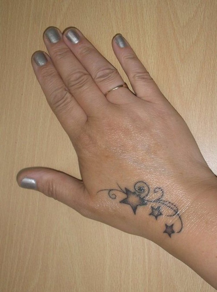 Black And Grey Stars Tattoo On Girl Right Hand