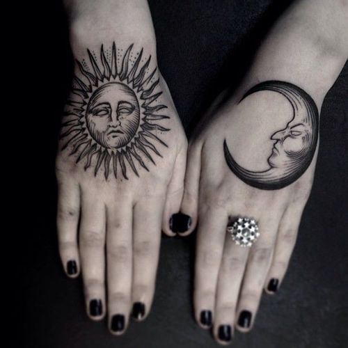 Black And Grey Sun And Moon Tattoo On Girl Both Hands