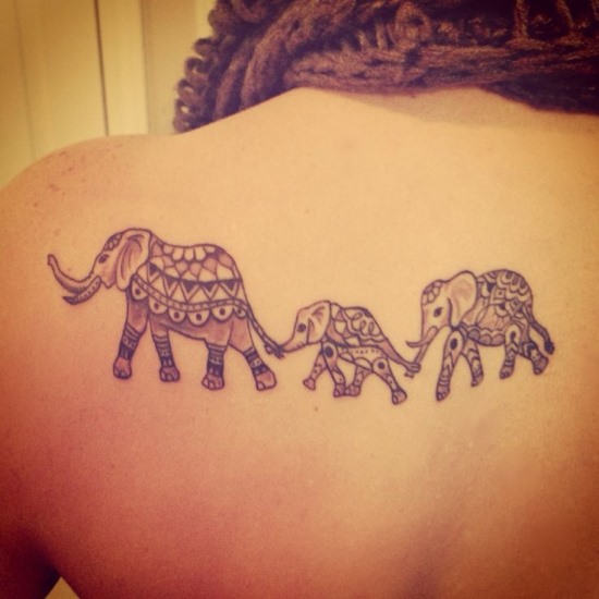 Black And Grey Three Mandala Elephants Tattoo On Upper Back