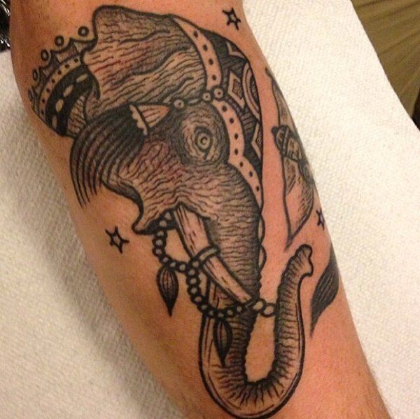 Black And Grey Traditional Elephant Head Tattoo Design For Sleeve
