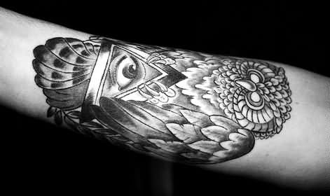 Black And Grey Triangle Eye With Owl Tattoo Design For Full Sleeve