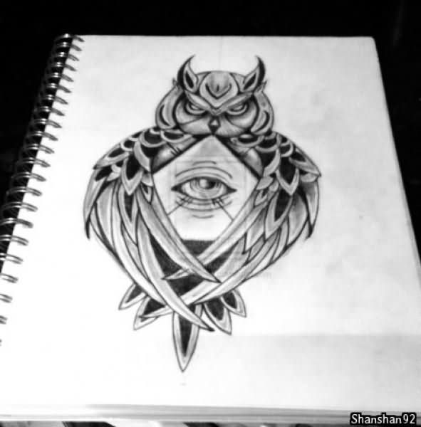 Black And Grey Triangle Eye With Owl Tattoo Design