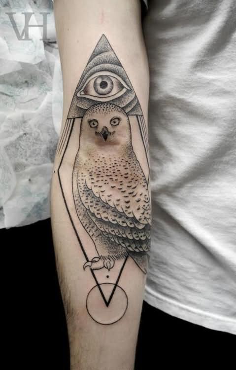 Black And Grey Triangle Eye With Owl Tattoo On Right Full Sleeve