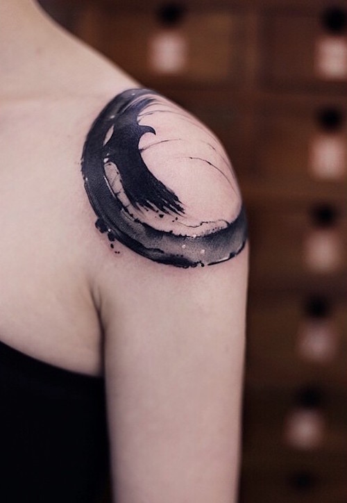 Black And Grey Zen Enso Circle With Flying Bird Tattoo On Left Shoulder