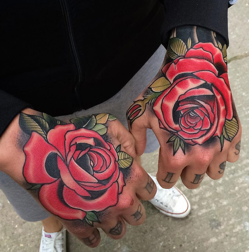 Black And Red Rose Tattoos On Both Hands
