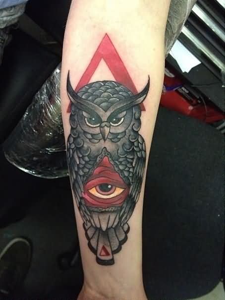 Black And Red Triangle Eye With Owl Tattoo On Forearm