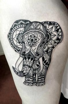 Black Aztec Elephant Tattoo Design For Thigh
