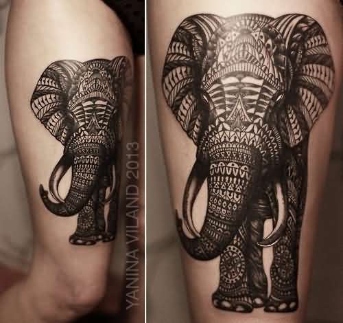 Black Aztec Elephant Tattoo On Right Thigh
