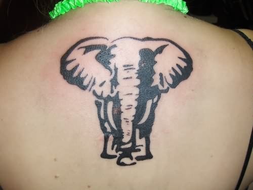 Black Chinese Elephant Tattoo On Upper Back