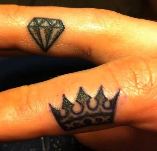 Black Diamond And Crown Tattoos On Side Finger