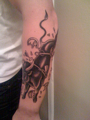 Black Fierce Bull Traditional Tattoo On Arm Sleeve