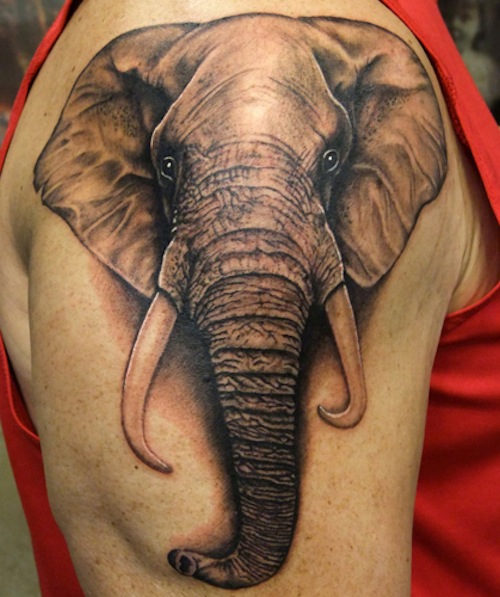 Black Ink 3D Chinese Elephant Head Tattoo On Right Shoulder