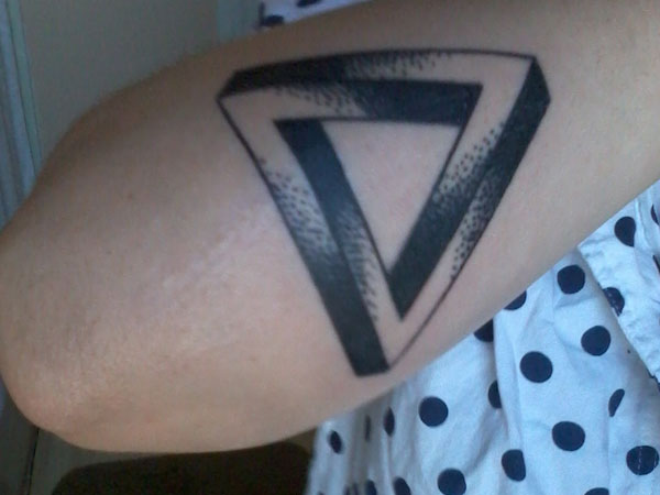 Black Ink 3D Dotwork Triangle Tattoo On Right Arm