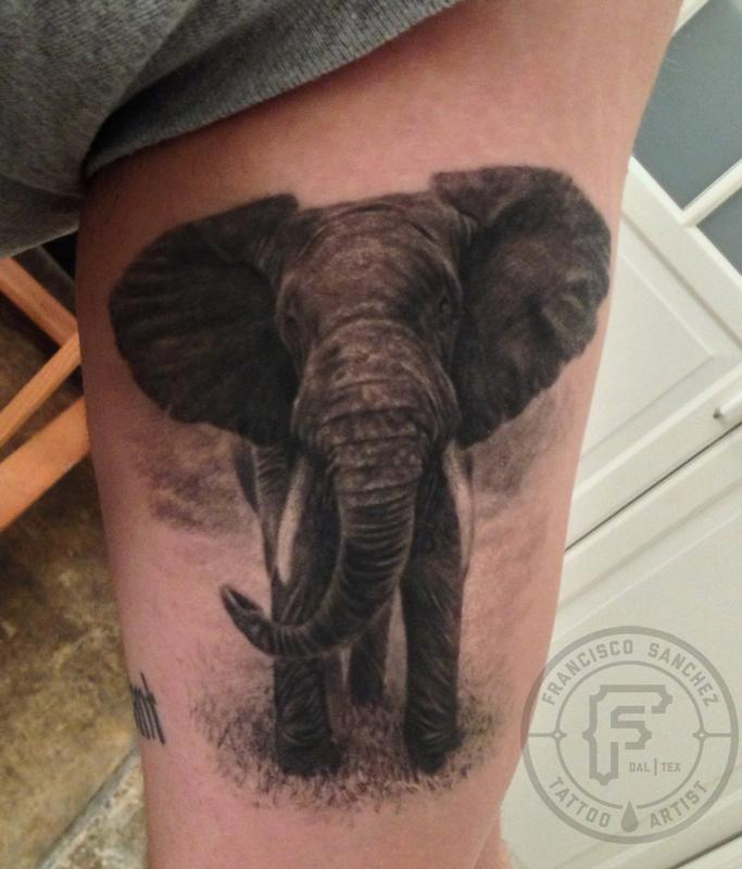 Black Ink 3D Elephant Tattoo Design For Bicep
