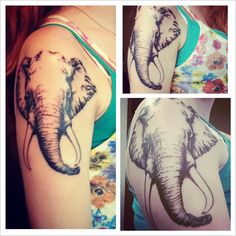 Black Ink Asian Elephant Head Tattoo On Girl Right Shoulder