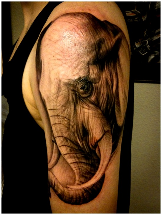 Black Ink Asian Elephant Head Tattoo On Man Left Shoulder