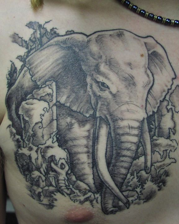 Black Ink Asian Elephant Tattoo On Man Right Chest