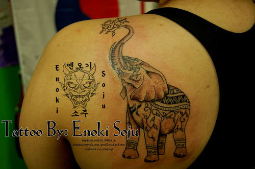 Black Ink Asian Elephant Trunk Up Tattoo On Left Back Shoulder By Enokisoju
