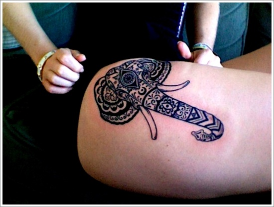 Black Ink Aztec Elephant Tattoo On Girl Right Thigh