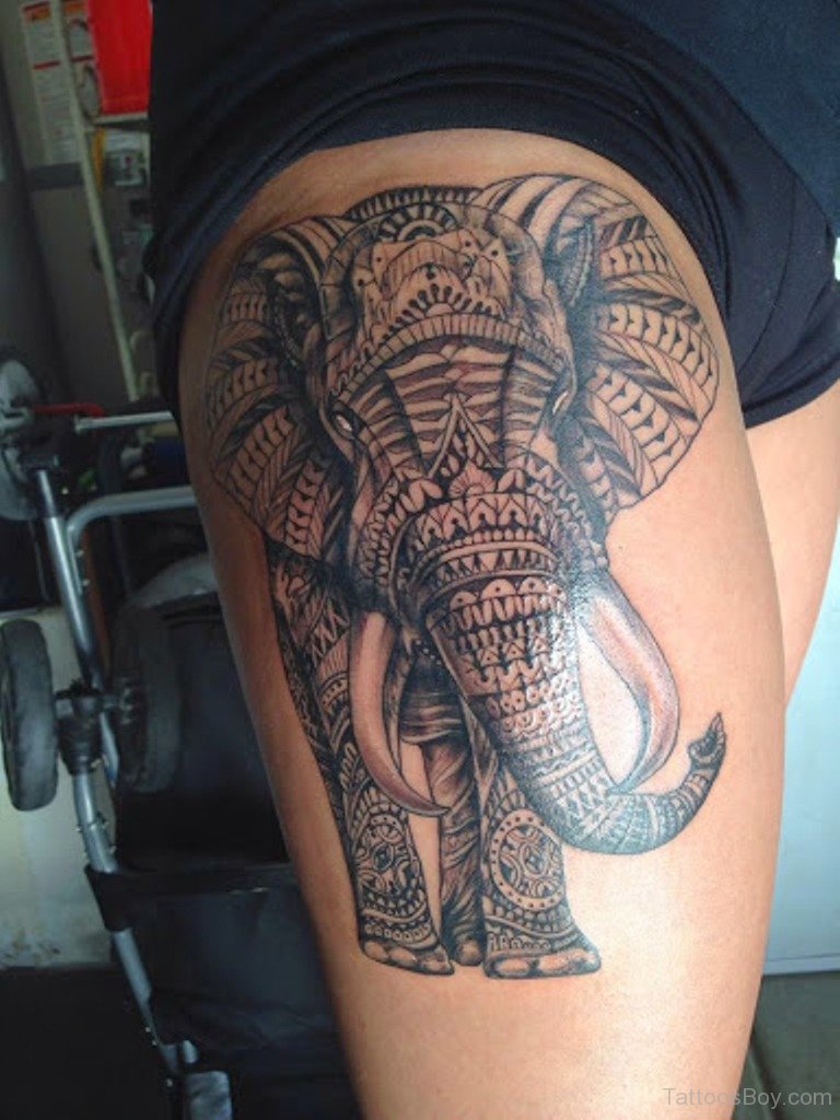 Black Ink Aztec Elephant Tattoo On Right Thigh