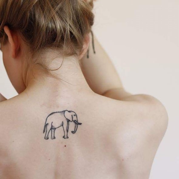 Black Ink Baby Elephant Tattoo On Girl Upper Back