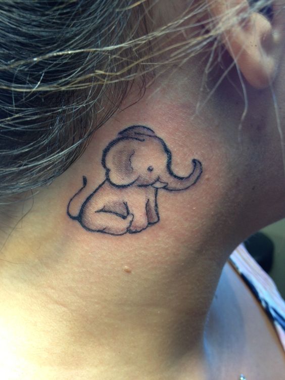 Black Ink Baby Elephant Tattoo On Right Behind The Ear