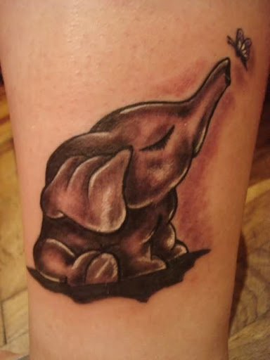 Black Ink Baby Elephant With Flying Butterfly Tattoo Design For Sleeve