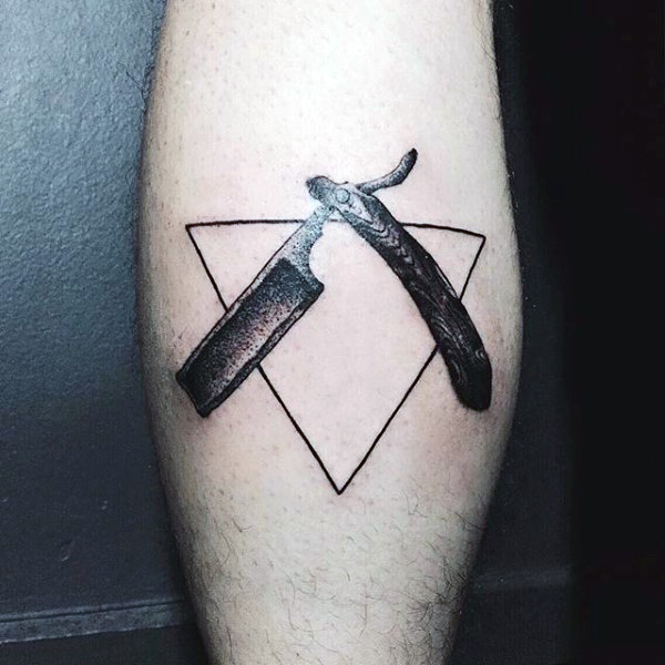 Black Ink Barber Knife In Triangle Tattoo Design For Arm