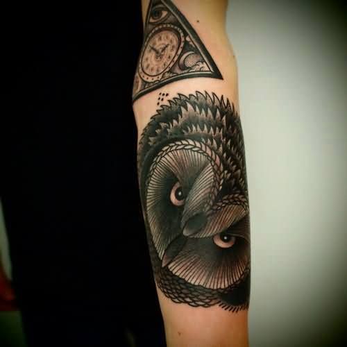 Black Ink Clock And Eye In Triangle With Owl Tattoo Design For Sleeve