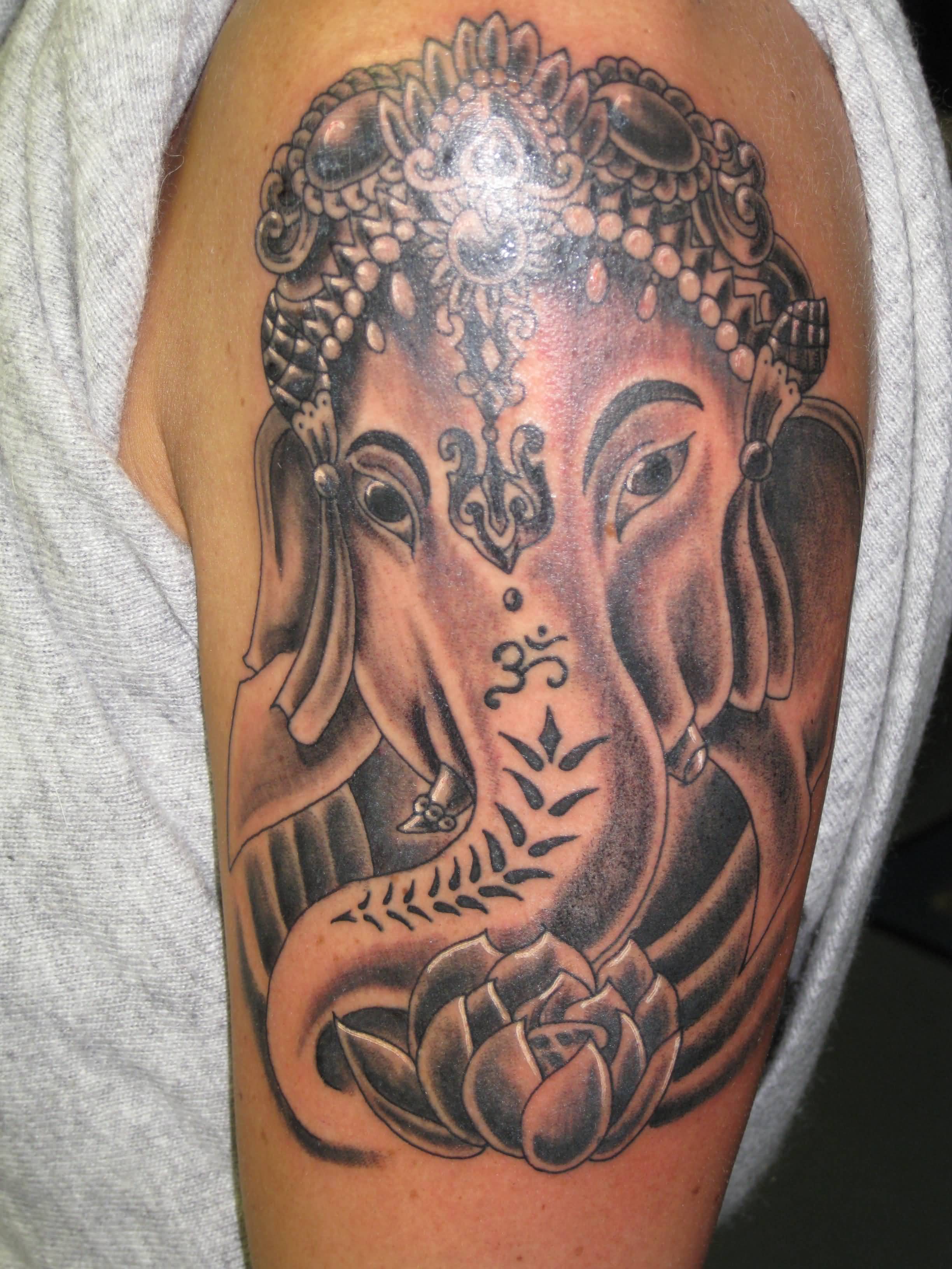 Black Ink Crown On Elephant Head With Flower Tattoo Design For Sleeve