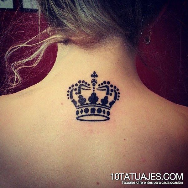 Black Ink Crown Tattoo On Upper Back