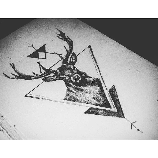 Black Ink Deer Head In Triangle Tattoo Design