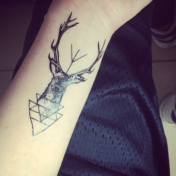 Black Ink Deer Head In Triangle Tattoo On Forearm